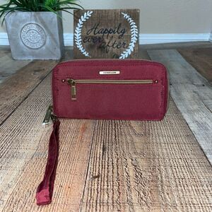 Travelon Maroon Nylon RFID Blocking Zip Around Wristlet Wallet